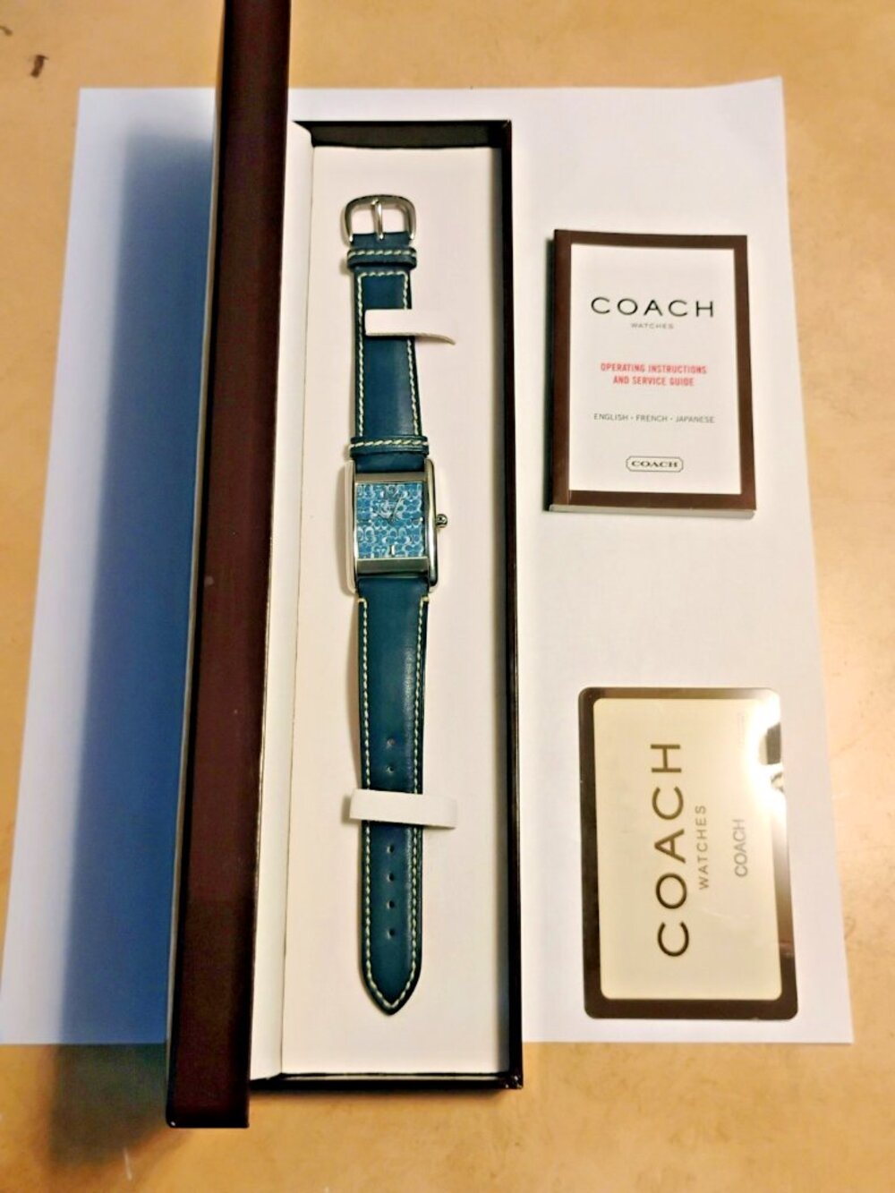 Ladies Coach Stainless Steel Tank Watch Blue Leather Band with Box